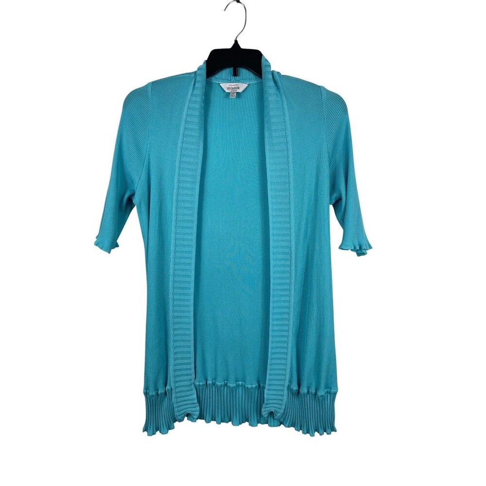 Misook Woman 2X Aqua Ribbed Knit Open Front Cardigan Plus Size Stretch READ
